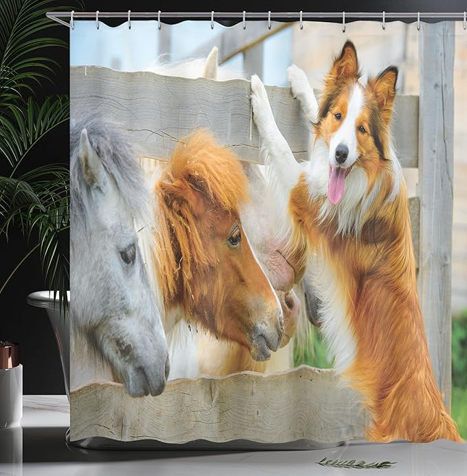 Ambesonne Nature Shower Curtain, Pony and Border Collie Dog are Dating Friendship Companionship Themed Nature, Cloth Fabric Bathroom Decor Set with Hooks, 69" W x 70" L, Amber Tan Grey