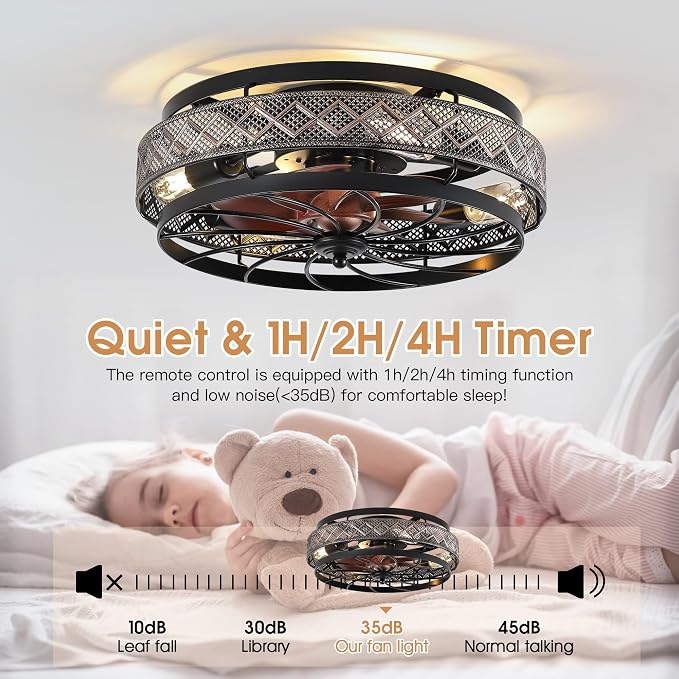 SHIHOT 18"Black Small Low Profile Caged Ceiling Fans with Lights and Remote | Safe Caged-Design,Supports Both Remote Control and APP,6 Wind Speeds, Reversible, Quiet DC Motor,Suits for Bedroom Kidsroom