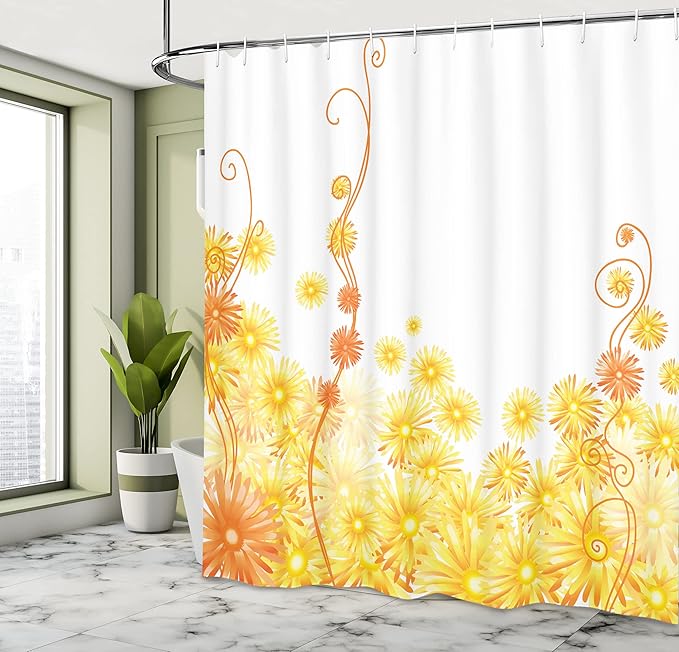 Ambesonne Yellow Shower Curtain, Curling Yellow Gerbera Flowers Botanical Ivy Nature Pattern Illustration, Cloth Fabric Bathroom Decor Set with Hooks, 69" W x 84" L, Yellow Brown