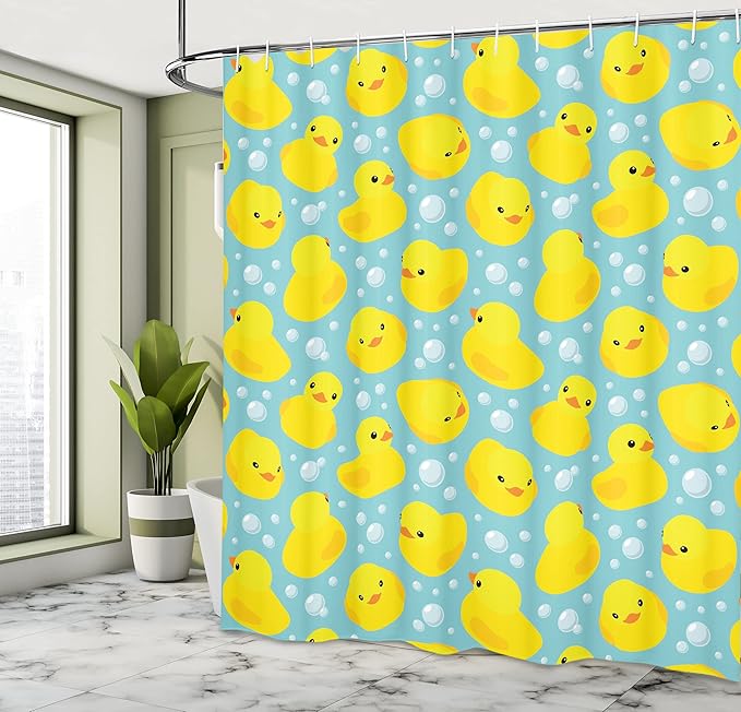 Ambesonne Cartoon Shower Curtain, Happy Rubber Duck and Bubbles Pattern Theme Art, Cloth Fabric Bathroom Decor Set with Hooks, 69" W x 70" L, Yellow Aqua