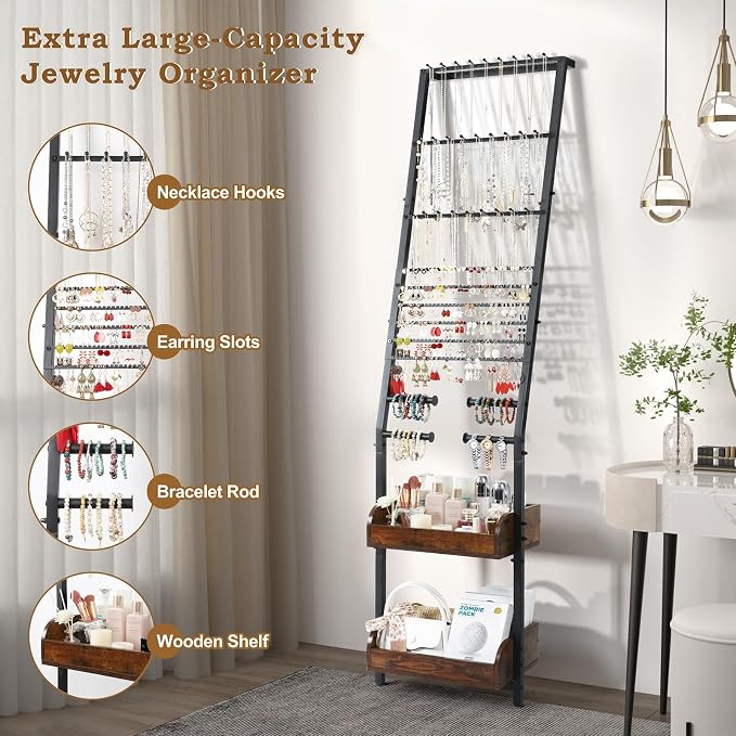 Keebofly Jewelry Holder Organizer, Large Jewelry Organizer with Necklace Holder Earring Storage, Floor Hanging Jewelry Stand with Display for Earring Necklace Ring Bracelet Watch