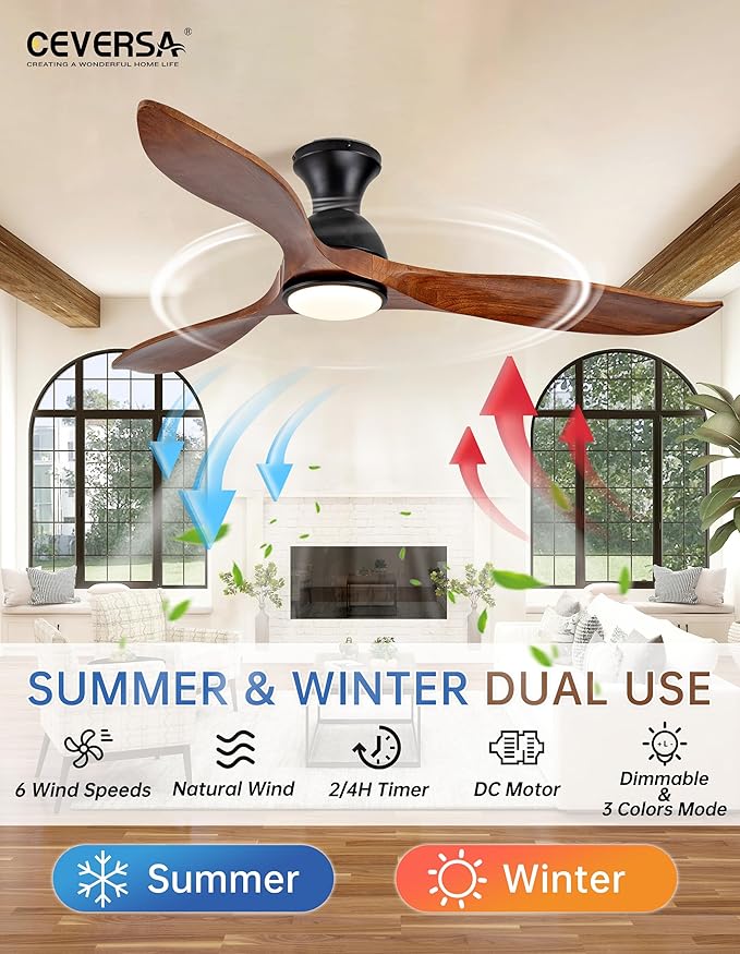 52 Inch Low Profile Ceiling Fans with Lights and Remote, Flush Mount Wood 3 Blade Ceiling Fan,Dimmable,Quiet Noiseless DC Motor for Patios,Living Room,Bedroom(Wall Control Switch)