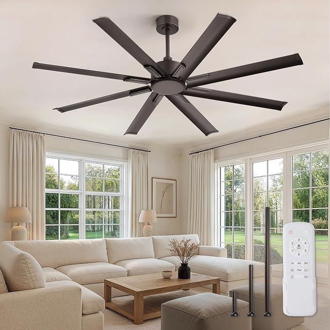 ZMISHIBO 65 Inch No Light, Large Industrial Ceiling Fan with 8 Aluminium Blades, Quiet DC Motor, 6 Speeds, Modern Ceiling Fan without Light for Garage/shop/living room,Oil-bronze