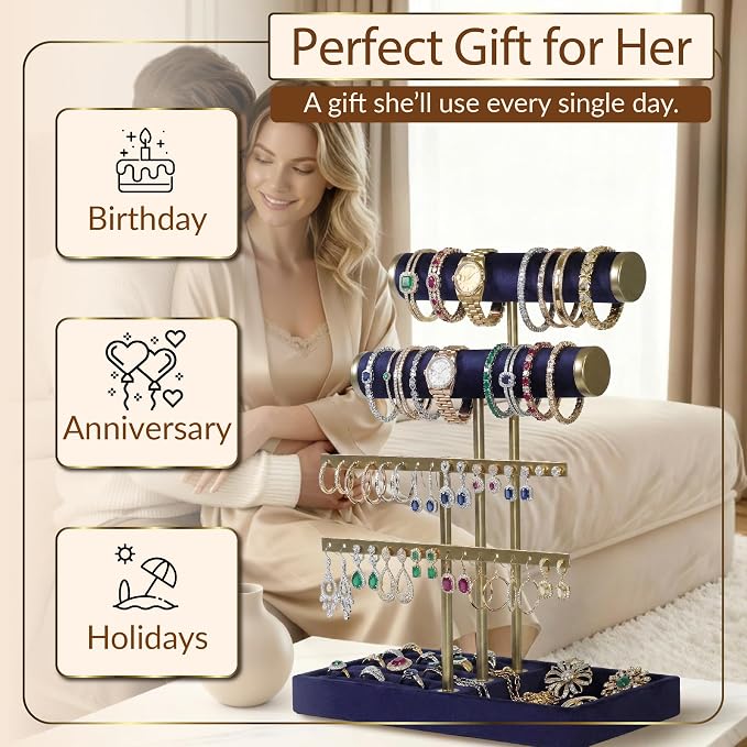 Jewelry Tower Stand Organizer for Women - Soft Touch Velvet Elegant Jewelry Holder Display with Necklace Holder, Earring Organizer & Bracelet Rack - Tabletop Stand for Dresser, Vanity, Desk - Blue