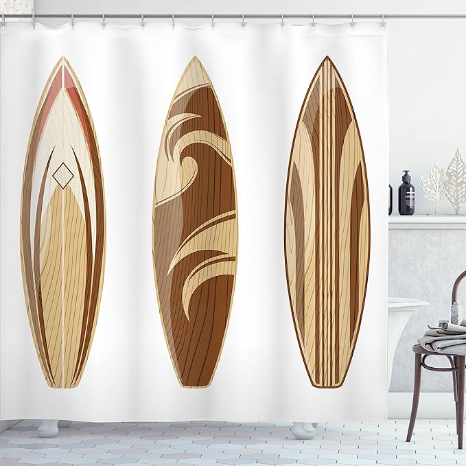 Ambesonne Surfboard Shower Curtain, Surfing Themed Adventurous Woodsy Earthy Color Natural Pattern Remote Shore Illustration, Cloth Fabric Bathroom Decor Set with Hooks, 69" W x 84" L, Brown Caramel