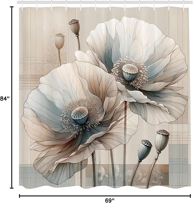 Ambesonne Neutral Shower Curtain, Vintage Soft Colored Poppy Flowers Blossoming Garden Gentle Hues Print, Cloth Fabric Bathroom Decor Set with Hooks, 69" W x 84" L, Warm Taupe and Blue