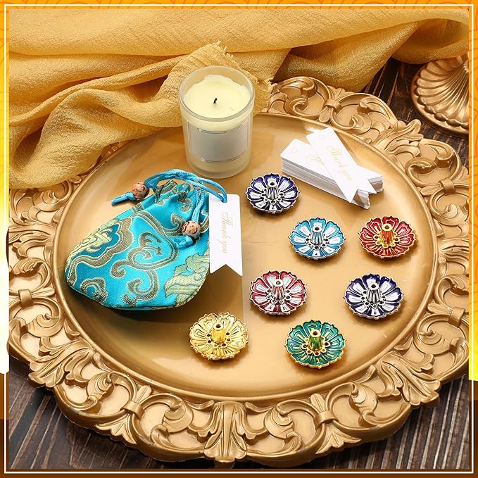 12 Sets Indian Return Gifts for Pooja Bulk Colorful Lotus Incense Holder Metal Incense Sticks Holder with Brocade Bags and Thanks Tags for Pooja Wedding Housewarming Spa Decor