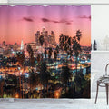 Ambesonne United States Shower Curtain, Vibrant Sunset Twilight Scenery Los Angeles Famous Downtown Palm Trees, Cloth Fabric Bathroom Decor Set with Hooks, 69" W x 70" L, Salmon Pink