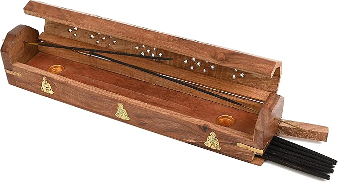 Incense Garden Pack of 2 Incense Stick Holder - Coffin Style - Wood Incense Stick Burner with Buddha Inlays (Natural) Handmade with Brass Inlays