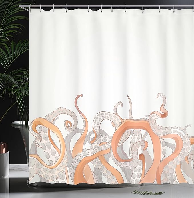 Ambesonne Octopus Shower Curtain, Pastel Colored Tentacles on a Plain Background Underwater Marine Nature and Sea Creatures Nautical, Cloth Fabric Bathroom Set with Hooks, 69" W x 75" L, Orange Grey