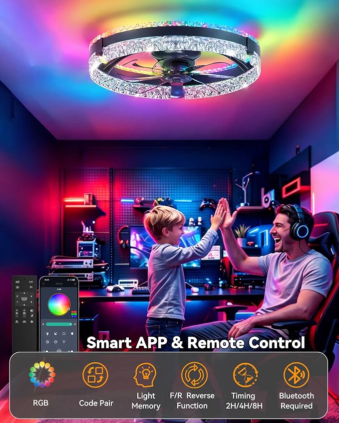 RGB Low Profile Ceiling Fan with Lights, Ceiling Fans with Lights and Remote, 3000-6500K Dimmable Modern Flush Mount LED Fan Lights, 6 Wind Speeds Ceiling Fans for Bedroom(Black-Cream)