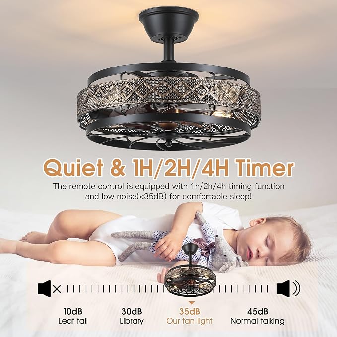SHIHOT 18" Small Black Industrial Caged Ceiling Fans with Lights and Remote | Safe Caged-Design,Supports Both Remote Control and APP,6 Wind Speeds, Reversible, Quiet DC Motor,Suits for Bedroom Kidsroom