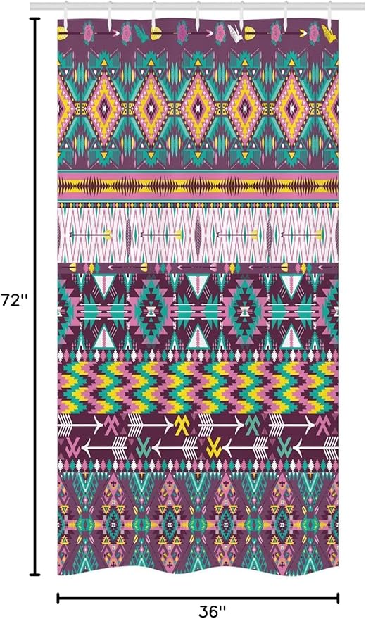 Ambesonne Tribal Stall Shower Curtain, Traditional Pattern Geometrics and Arrows Art, Fabric Bathroom Decor Set with Hooks, 36" W x 72" L, Teal Purple Yellow