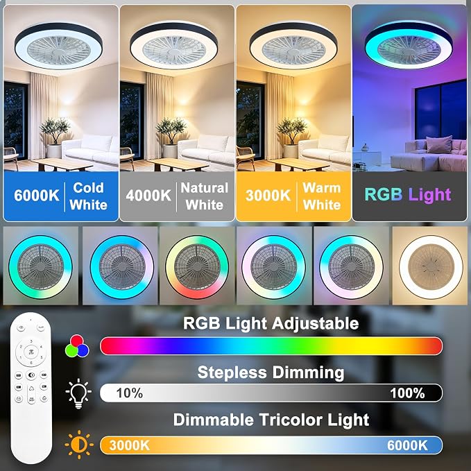 Depuley RGB Ceiling Fan with Light: 19" Enclosed Low Profile Flush Mount LED Ceiling Fans with Remote Control - Modern Black Bladeless Fandelier Dimmable Quiet DC Motor for Bedroom KTV Room