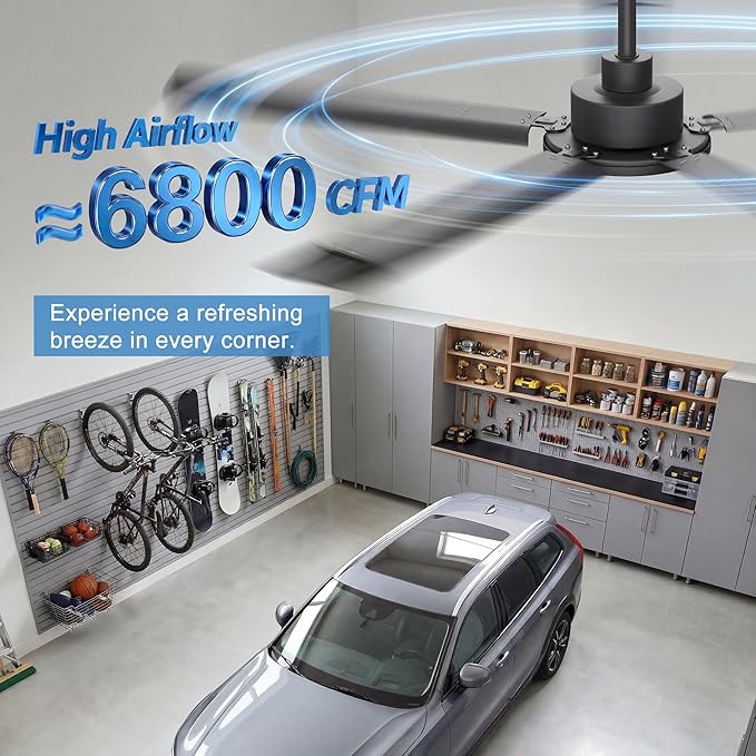 Ohniyou 60'' Ceiling Fan No Light, Black Industrial Ceiling Fan with Remote/APP, Aluminum Blades, 6800 CFM DC Motor for Outdoor Patios,Shop, Garage