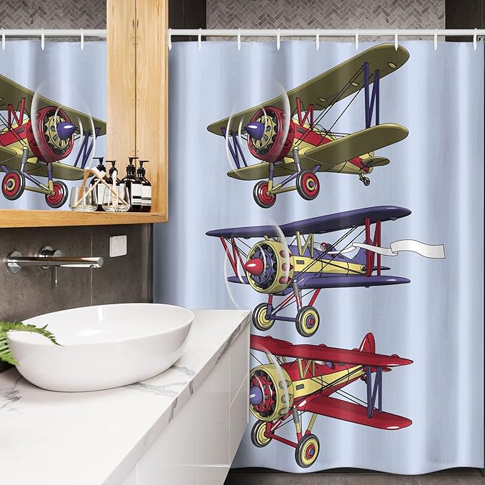 Ambesonne Airplane Stall Shower Curtain, 3 Biplanes Flies on a Background of The Sky Ink Paint Old Fashioned, Fabric Bathroom Decor Set with Hooks, 54" W x 78" L, Aqua