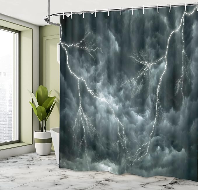 Ambesonne Nature Shower Curtain, Large Ominous Dramatic Rain Clouds with Heavy Thunder Tornado Wild Atmosphere Effects, Cloth Fabric Bathroom Decor Set with Hooks, 69" W x 70" L, Grey Blue