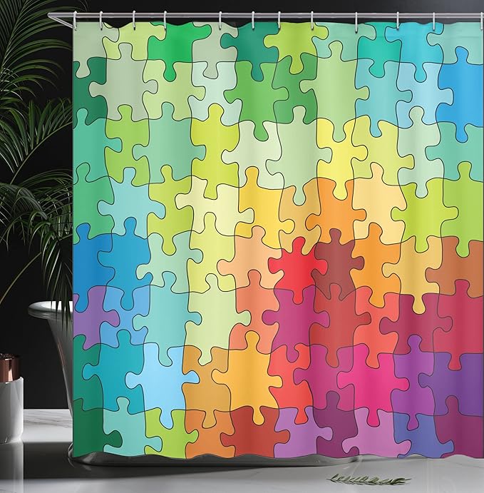 Ambesonne Abstract Shower Curtain, Colorful Game Pieces Fractal Hobby Activity Leisure Cartoon Image, Cloth Fabric Bathroom Decor Set with Hooks, 69" W x 84" L, Multicolor Mustard Burgundy