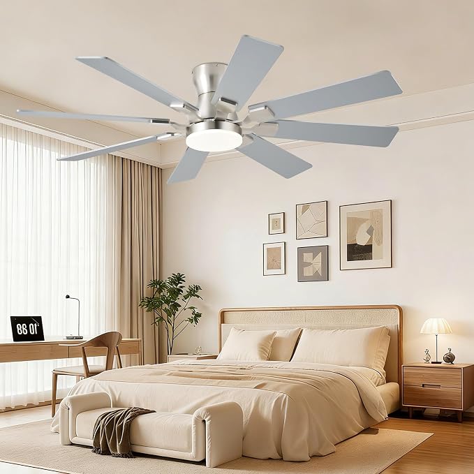 JSAITEE 52Inch Ceiling Fan with Lights Flush Mount Low Profile, Nickel | Ceiling Fans,DC Reversible Motor Noiseless, 3CCT Dimmable, Dual Finish, 6 Speeds Ceiling Fan for Indoor/Outdoor