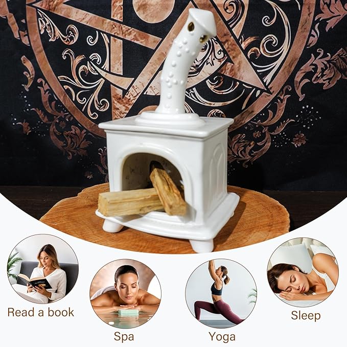 MOUGIGI Handmade White Ceramic Fireplace Palo Santo Holder &Sage/Cone Incense Dish for Energy Cleansing Zen Meditation Altar Decor for Yoga Spa | Mindfulness Aromatherapy Gift for Women Anxiety Relief