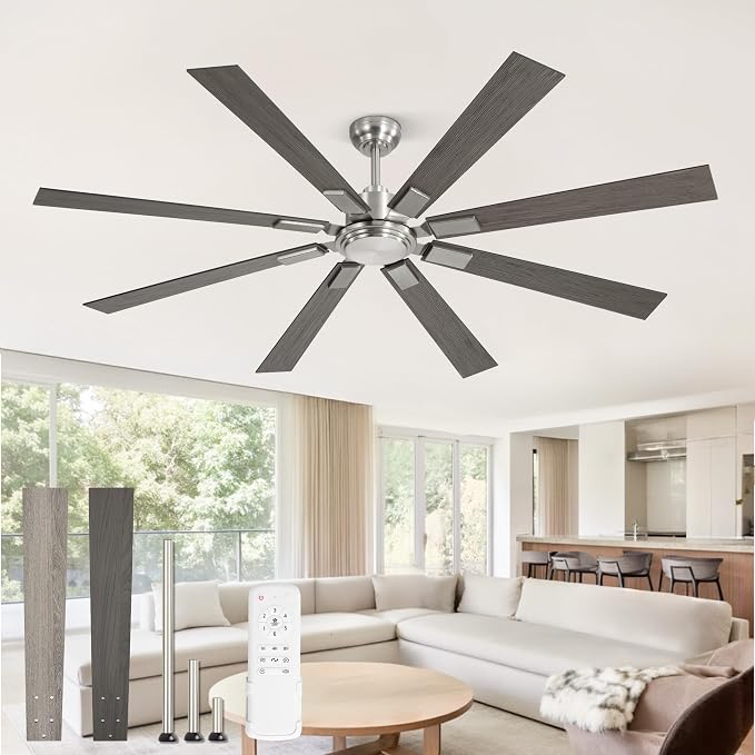 72 Inch Brushed Nickel Modern Ceiling Fan No Light with Remote, Outdoor Ceiling Fans Without Light with Quiet Reversible DC Motor, 6 Speeds, 8 Blades Large Ceiling Fan for Patios, Living Room, Garage