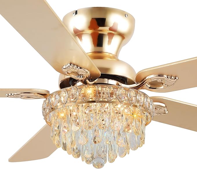 GJeg Crystal Ceiling Fan Fandelier with Lights-Ceiling Fans with Remote Control,Modern Ceiling Fan with Noiseless DC Reversible Motor,Dining Room,Living Room(52" Gold)