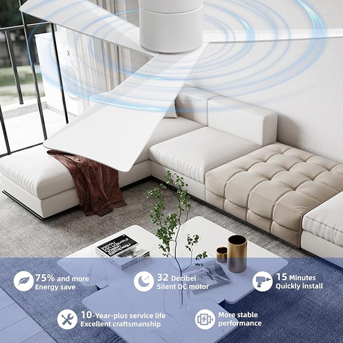 52 Inch White Flush Mount Ceiling Fan with Remote, No Light | Modern low-profile, heat-resistant ABS blades, quiet reversible 6-speed DC motor for balcony, living room, bedroom