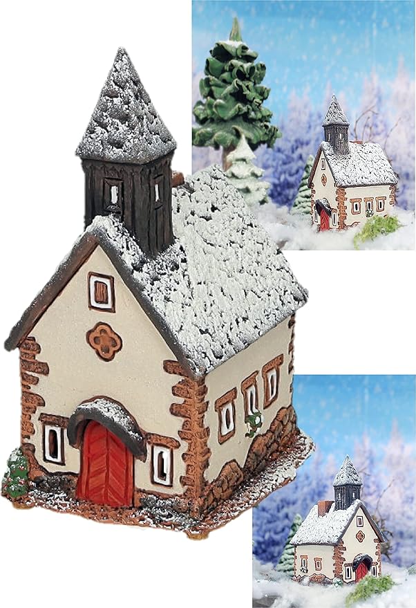 Ceramic Houses and Villages Collection - Handmade Miniature of The Original Chapel in Tyrol, Winter Edition - Candle, Cone Incense Holder R290SN