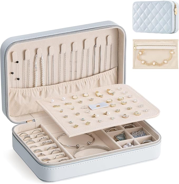 Lolalet Travel Jewelry Case for Women Girls, PU Leather Jewelry Organizer with Clear Storage Bag Small Portable Jewelry Box for Necklace Bracelet Earring Ring Birthday Bridesmaid Gifts -Large/Blue