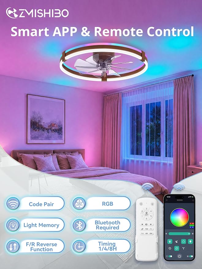 ZMISHIBO RGB Ceiling Fans with Lights and Remote, 23 inch Low Profile Ceiling Fan with Light, 3000K-6000K Dimmable & RGB, Modern Fandelier Flush Mount Ceiling Fan, Small LED Fan for Bedroom,Walnut
