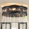19" Vinctorian Caged Ceiling Fan with Light Flush Mount Fandelier | Vintage Rustic Crystal Chandelier, Low Profile Small Enclosed Bladeless Fandalier for Bedroom Entryway, 4 E26 Bulb Bases