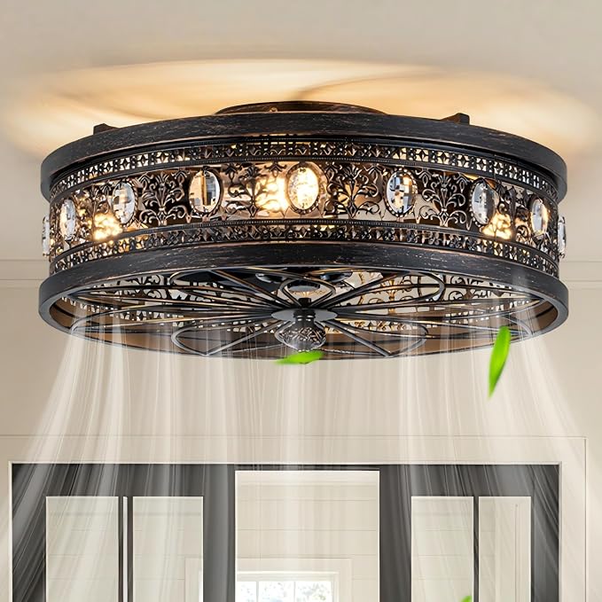 19" Vinctorian Caged Ceiling Fan with Light Flush Mount Fandelier | Vintage Rustic Crystal Chandelier, Low Profile Small Enclosed Bladeless Fandalier for Bedroom Entryway, 4 E26 Bulb Bases