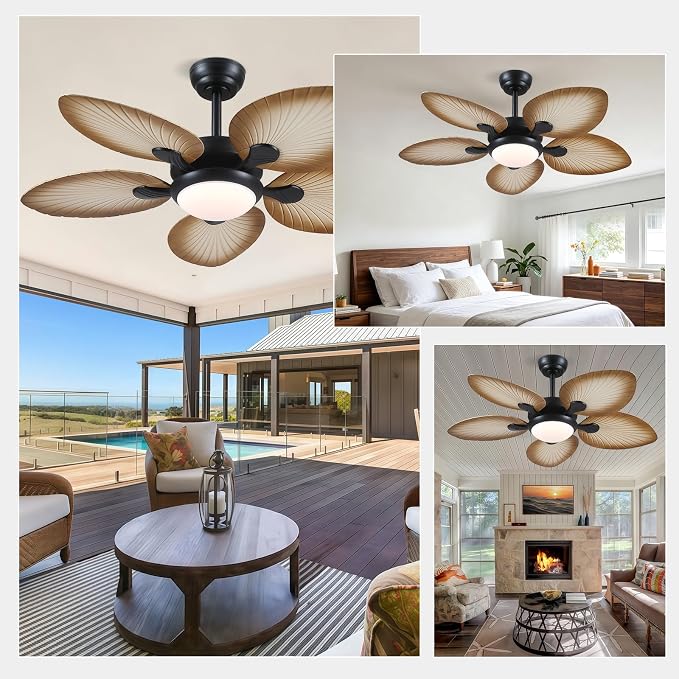 Wiviniya Tropical Ceiling Fans with Lights, 44 Inch Palm Leaf Outdoor Ceiling Fan with Light for Patios Porch Bedroom, Remote/APP Control, Reversible Quiet DC Motor, Dimmable LED, Wood Grain
