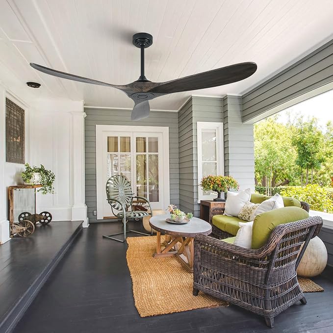 Outdoor Ceiling Fan Without Light, 60 Inch Smart Ceiling Fan with Remote & Voice Control Works with Alexa & Google Assistant, 3-Blade Wood Fan, Quiet DC Motor, 6 Speeds for Patio, Farmhouse