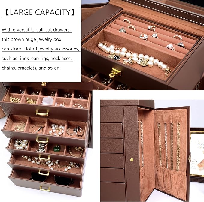 AKOZLIN 6-Tier Jewelry Box Organizer Functional 5 Drawers Leather Jewelry Storage Case for Women Girls Ring Necklace Earring Bracelet Holder Organizer with Mirror Extra Large Brown