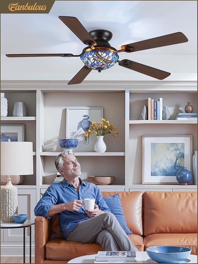 Fanbulous 52 Inch Stepless Dimmable LED Tiffany Dragonfly Ceiling Fan
