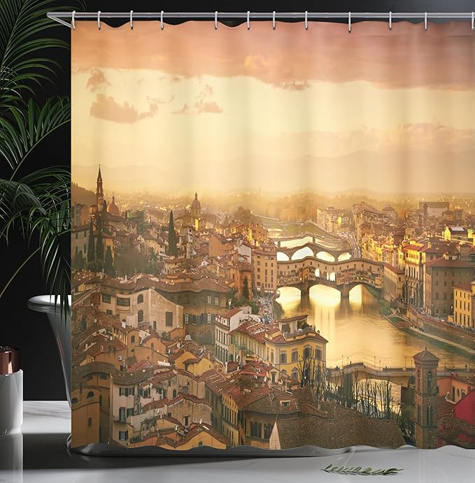 Ambesonne Scenery Shower Curtain, Bridge Ponte Vecchio Italy Bird Eye Sunset View Castle Houses Historic Cityscape, Cloth Fabric Bathroom Decor Set with Hooks, 69" W x 70" L, Sand Brown