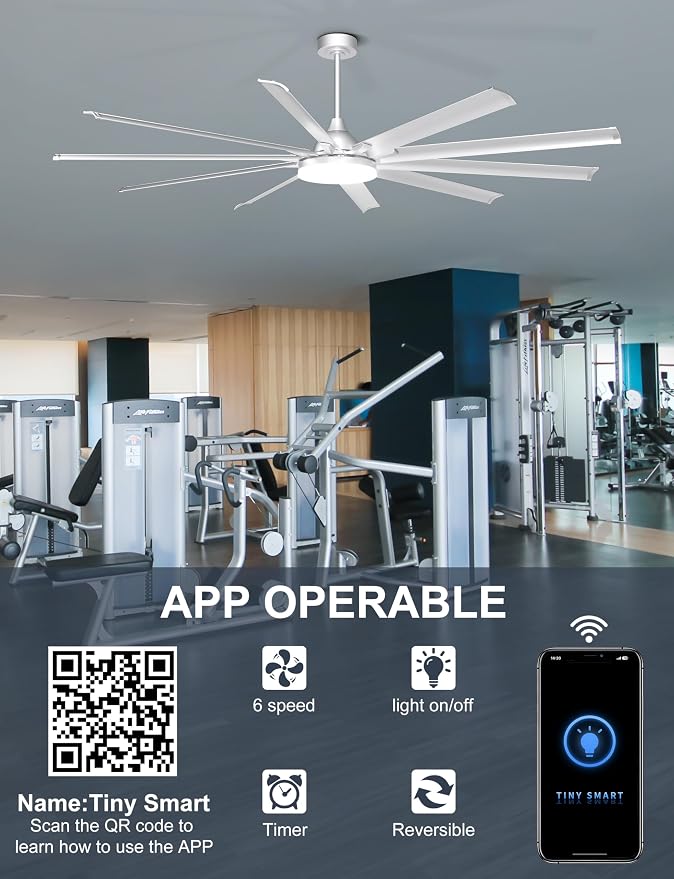 Ohniyou 96" Industrial Ceiling Fan with Bright Lights, High CFM Shop Fan | Remote/App Control, 10 Aluminum Blades, Extra Large Metal Fan for Covered Patio, Gym, Warehouse, Silver