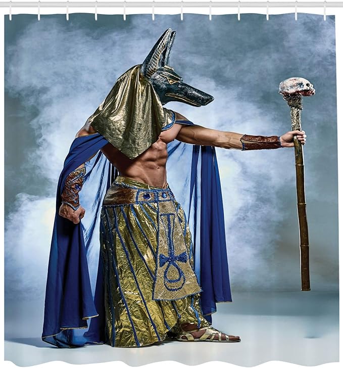 Ambesonne Egyptian Print Shower Curtain, Pharaoh with of Anubis Foggy Background, Cloth Fabric Bathroom Decor Set with Hooks, 69" W x 75" L, Mustard Dimgrey