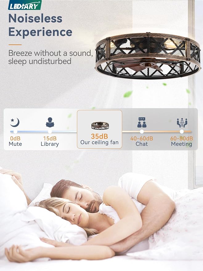 LEDIARY 23" Caged Ceiling Fan with Light, APP&Remote Control, Large Flush Mount Farmhouse Fan Lights, Low Profile Rustic Bladeless Ceiling Fan Fixtures for Bedroom, Kitchen-Black Gold Color