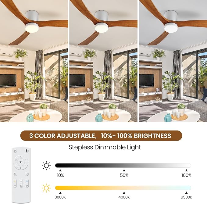 GESUM Ceiling Fan With Light, 52" Flush Mount Ceiling Fan with 3 Wood Blades, Reversible,Dimmable, for Living Room Kitchen Bedroom(White+Wood)
