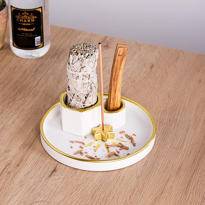 Ceramic Incense Holder, 4-in-1 Sage Palo Santo Burner with Ash Catcher Tray, Smudge Dish for Meditation Yoga, Modern Home Decor & Gift