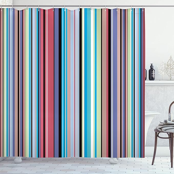 Ambesonne Abstract Shower Curtain, Barcode Lines Like Stripes Vertical Pattern Funky Modern Tile Illustration, Cloth Fabric Bathroom Decor Set with Hooks, 69" W x 70" L, Sky Blue