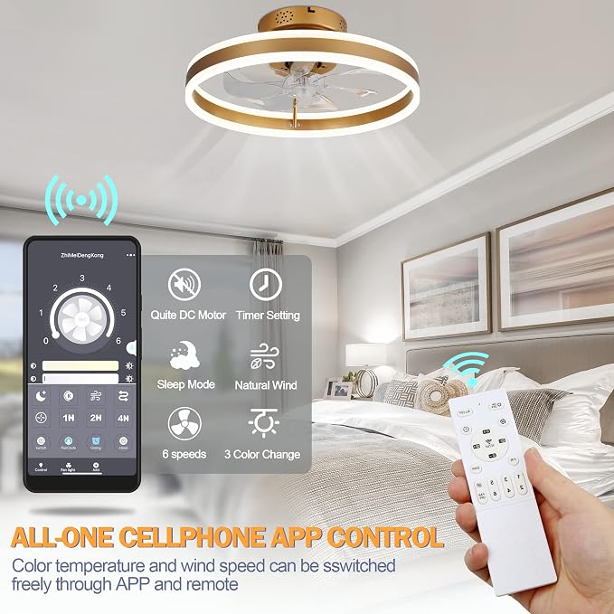 20 Inch Low Profile Ceiling Fans with Remote Control and APP,Kids Modern Indoor Ceiling Fan with Lights,3 Light Color Change and 6 Speeds for Bedroom,Living Room,Kitchen