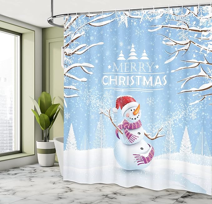 Ambesonne Christmas Shower Curtain, Cloth Fabric Bathroom Decor Set with Hooks, Winter Hat, 69" W x 75" L, White Blue