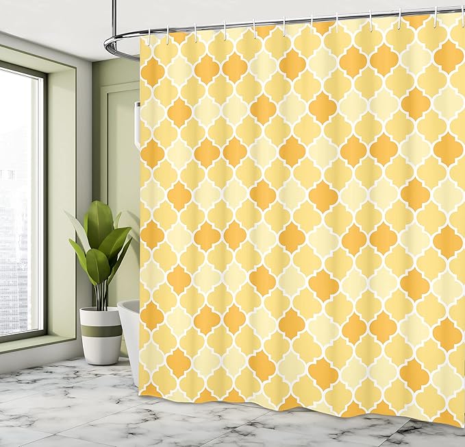 Ambesonne Quatrefoil Shower Curtain, Age-Old Trellis Pattern in The Shades of Yellow Historical Eastern, Cloth Fabric Bathroom Decor Set with Hooks, 69" W x 70" L, Marigold Mustard