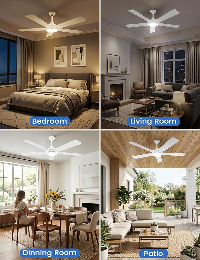 60 Inch Ceiling Fans with Lights and Remote/App Control: White Ceiling Fan with Light, Quiet Reversible DC Motor, Dimmable Tri-Color LED, Modern Ceiling Fan for Bedroom/Patio, Indoor/Outdoor