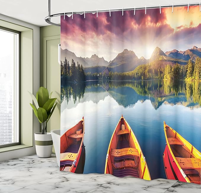 Ambesonne Landscape Shower Curtain, Sunset at Mountain Lake Strbske National Park Dramatic Sky and Boats, Cloth Fabric Bathroom Decor Set with Hooks, 69" W x 70" L, Orange Mauve