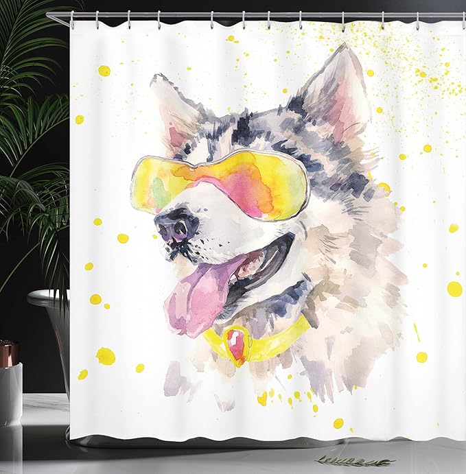Ambesonne Animal Shower Curtain, Funny Husky Dog with Sunglasses Humorous Watercolor Cool Puppy Picture, Cloth Fabric Bathroom Decor Set with Hooks, 69" W x 84" L, Yellow Beige