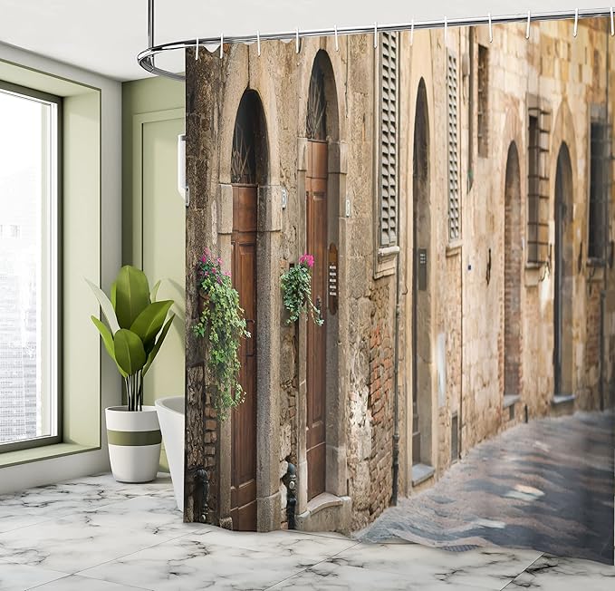 Ambesonne Landscape Shower Curtain, Street Wine Old House in Italy Tuscany Street Floral Details Blurred Background, Cloth Fabric Bathroom Decor Set with Hooks, 69" W x 75" L, Pale Brown